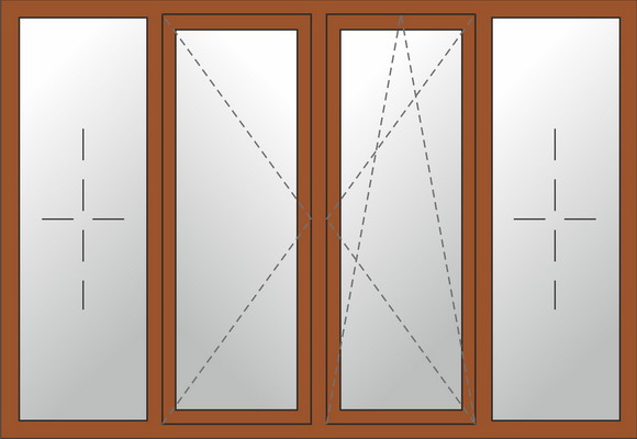Четырехстворчатое окно с двумя глухими элементами, поворотной и поворотно-откидной створками